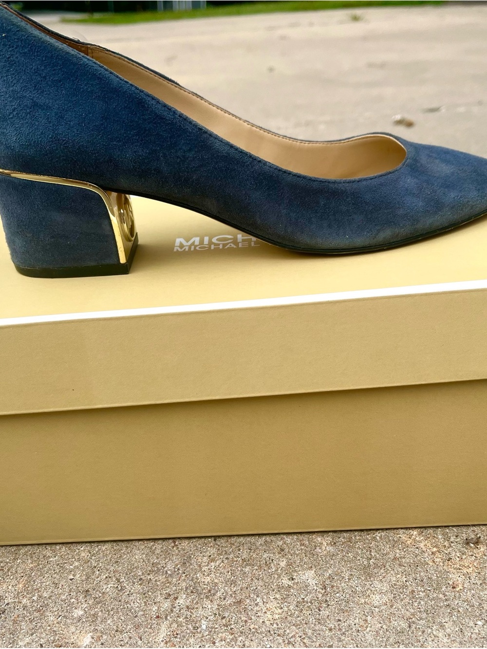 Michael Kors Navy Suede Mid Block Heel Pumps with Gold Accent